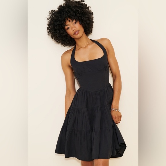 Anthropologie Celandine Cotton Poplin Bustier Halter Mini Dress Black Sz L - Picture 2 of 15